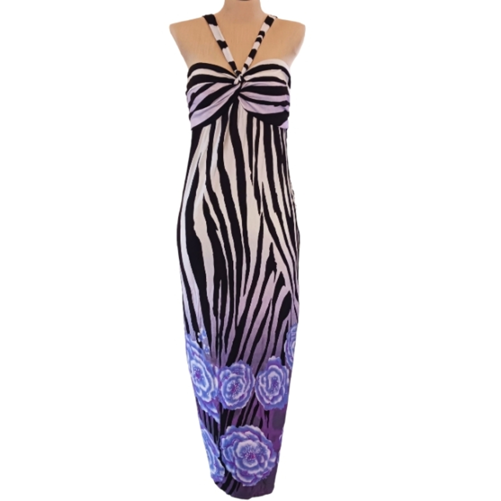Uluwatu Hawaiian Zebra Purple Floral Maxi Halter Tie Dress Sz M